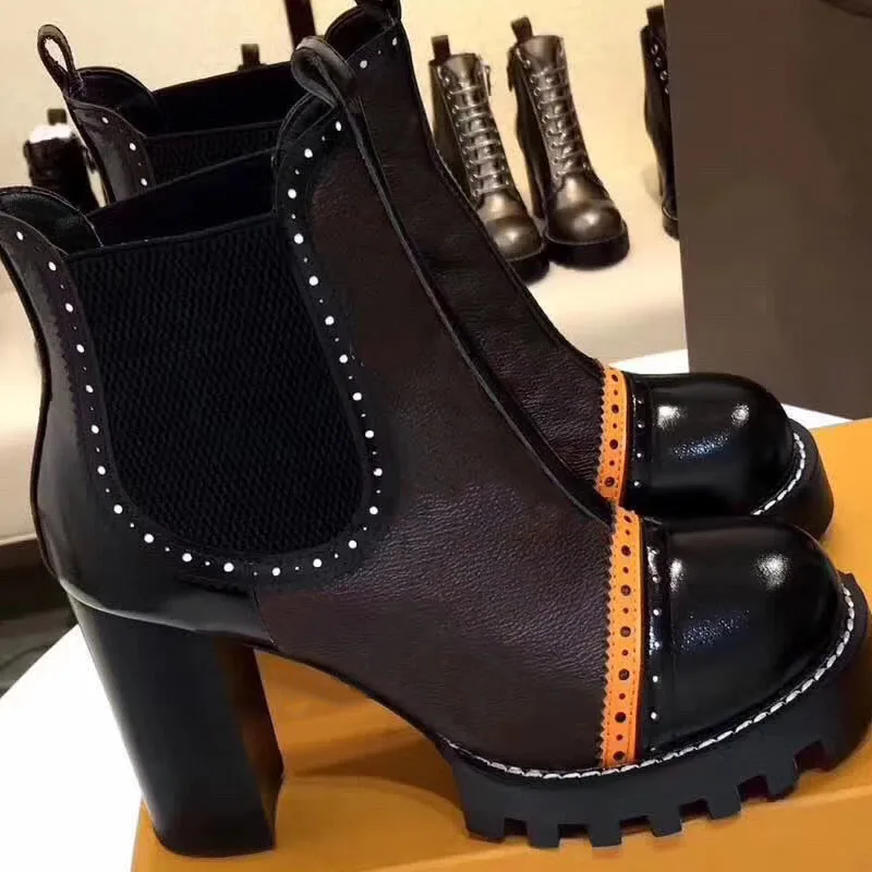 

brand High quality Extravagant high-heeled ankle boots for women real Leather Sexy Platform Chunky Heel Women Boots Round Toe