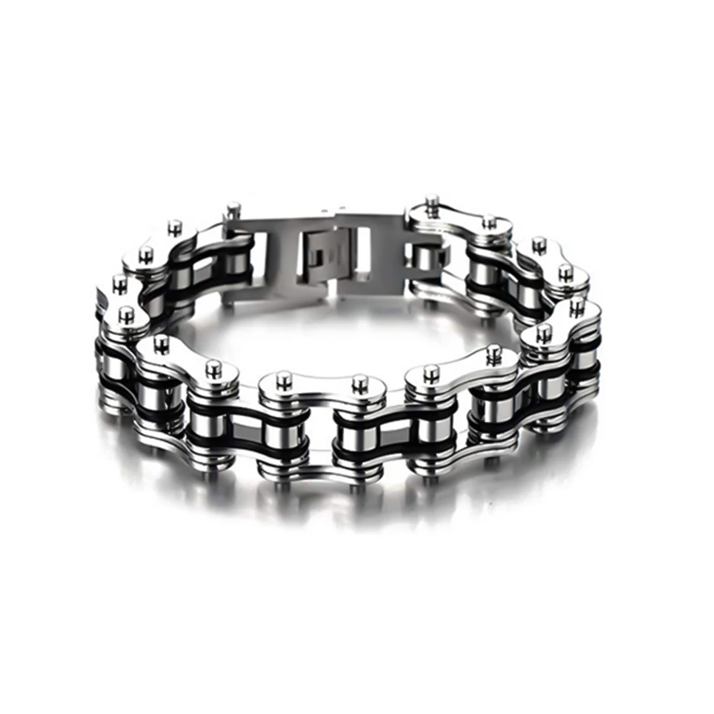 

Mens Punk Bike Chain Bracelet Stainless Steel Silver Black Two-tone High Polished 16mm Width