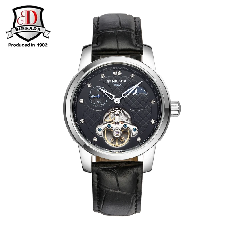

BINKADA 2019 Luxury Mens Automatic Mechanical Sports Watch Date Tourbillon Leather Band Small Dial Wrist Watch Clocks Relojes