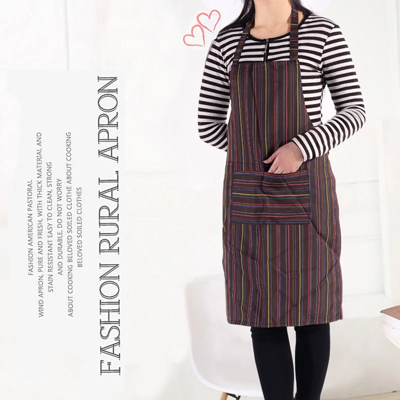 1 Pocket Stripe Bib Apron Long Sleeve Cuff Waterproof Aprons Cooking