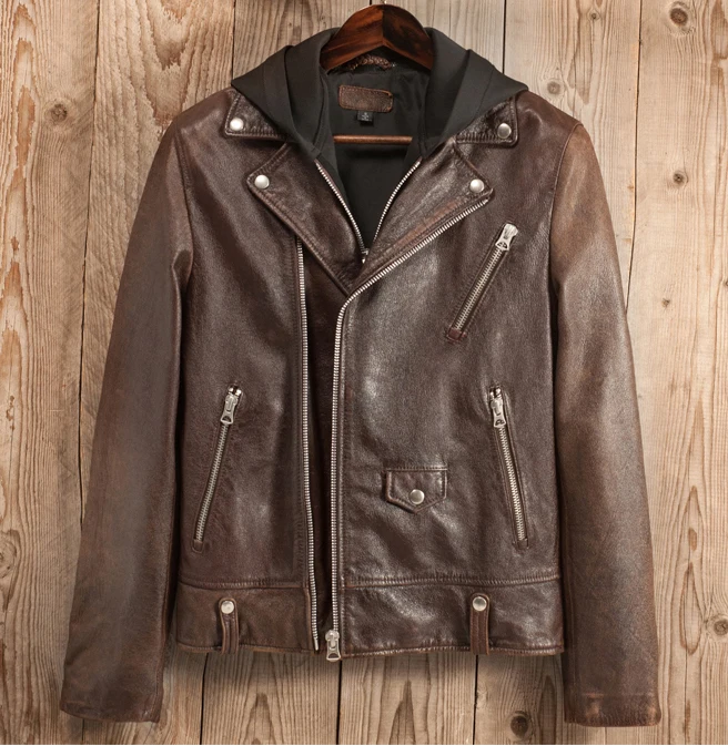 

Vintage men's genuine sheepskin cowhide leather coat male motorcycle biker jacket with a hood hat black brown plus size xxxl 3xl