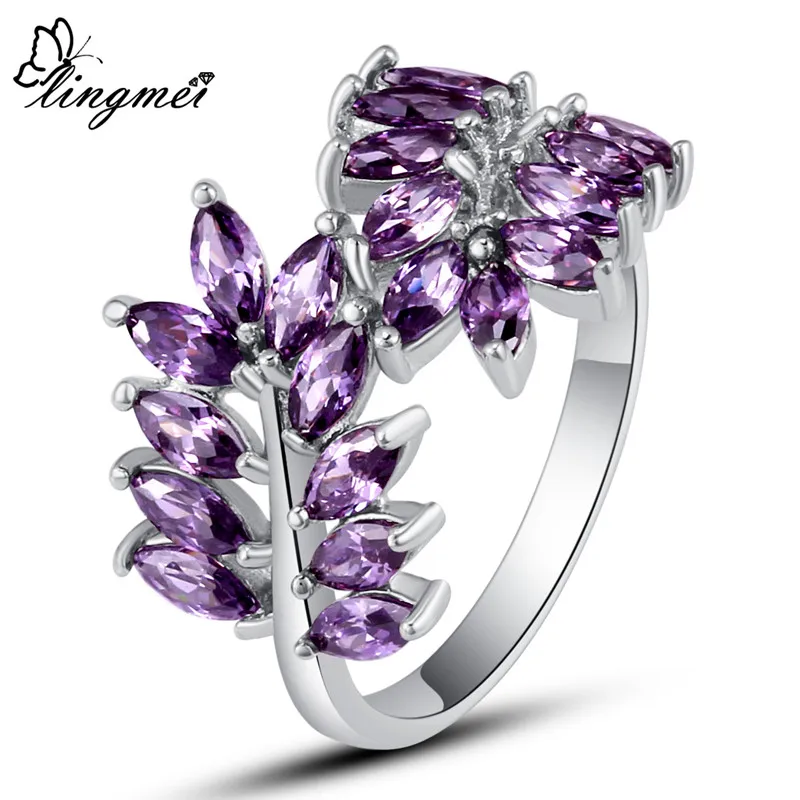 

lingmei Maple Leaf Design Marquise Purple Purple Unisex Jewelry Silver Ring Size 6 7 8 9 10 New Gift Free Shipping Wholesale
