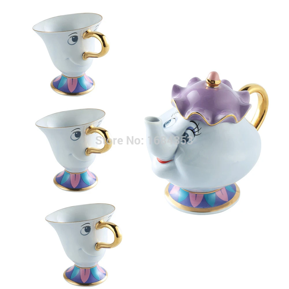 Service à Thé La Belle Et La Bête Service à café et thé en porcelaine plaquée or 18K, la belle et la bête,  madame Potts, 1 Pot + 3 tasses, cadeau | AliExpress