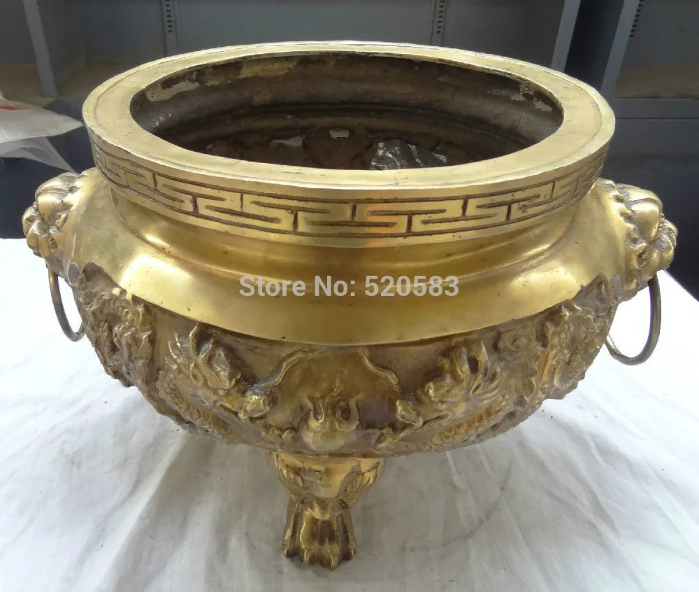 

17" China Pure Brass Home FengShui Dragon Ball Lion Statue Incense Burner Censer 06.08