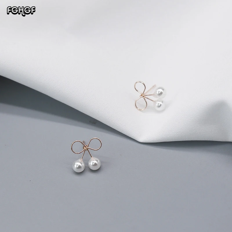 

FGHGF Korean minimalist minimalism mini cute imitation pearl earrings fashion creative handmade bow earrings