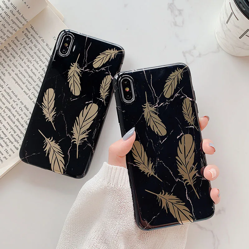 

Marble Phone Case For iPhone 7 8 6 6S Plus Back Cover Coque For iPhone X XR XS MAX Soft TPU Cases Silicone Gold Feather Pattern