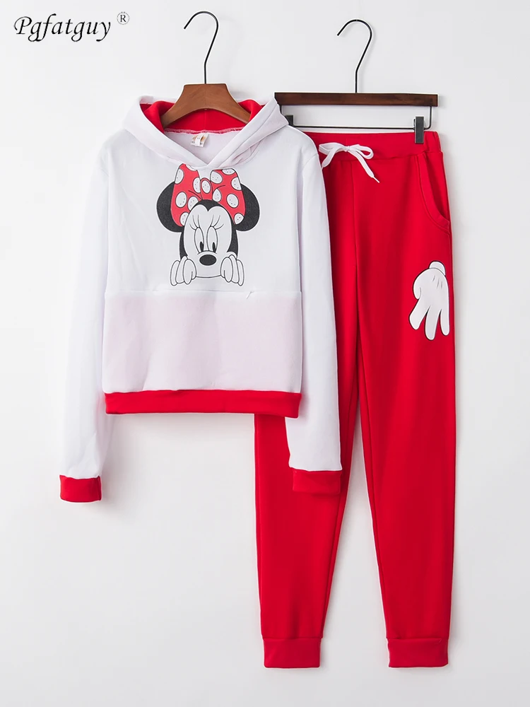 

Workout Clothes For Women Set Red Green Blue Rose Red 2 Piece Casual Sets Mickey Print Hooded Sweatshirt And Pant Sports Wear