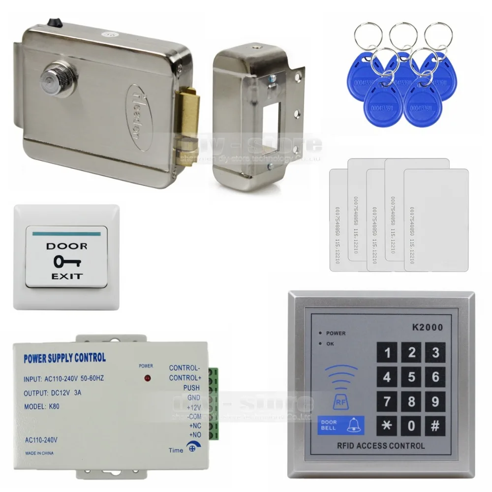 

DIYSECUR 125KHz Rfid Access Control System Full Kit Set + Electronic Door Lock + Power Supply + Exit Button K2000