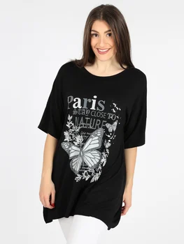 

SOLADA woman summer black o-neck T-shirt butterfly print Diamond mid-length loose hip-hop short sleeve