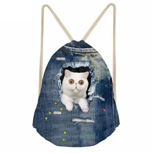 Забавные 3D белые карманные джинсовые кошки печатные мешки с кулиской для девочек и мальчиков мягкие рюкзаки для хранения детей школьная сумка