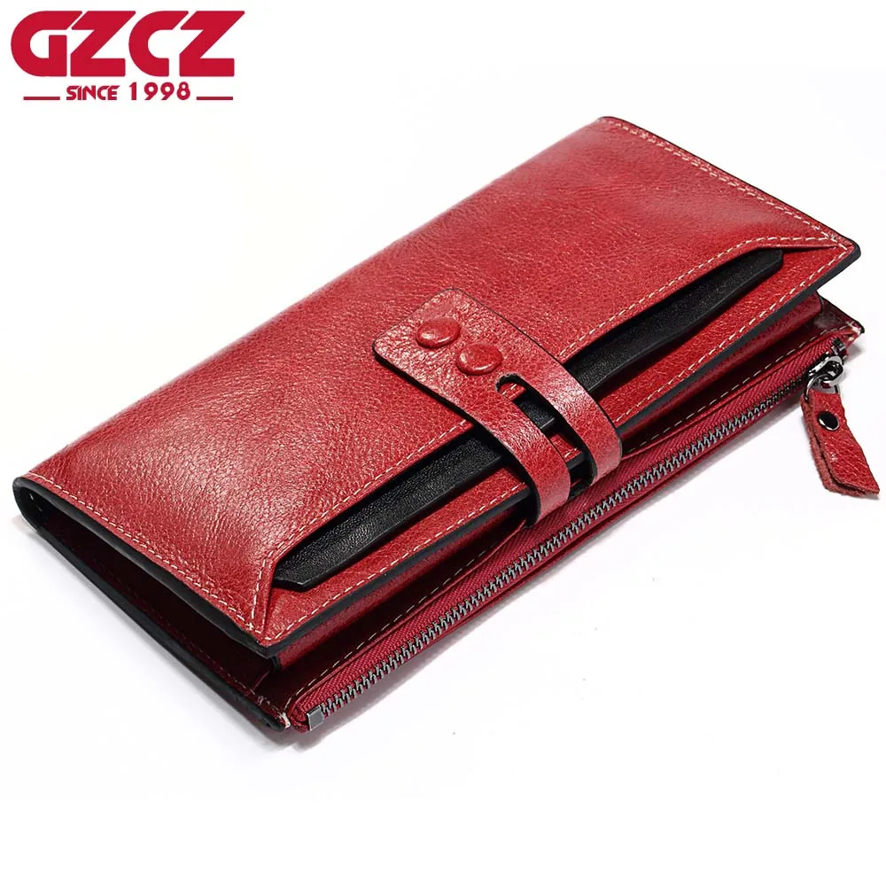 

GZCZ Genuine Leather Wallet Female Zipper Red Clamp For Money Bag Luxury Brand Long Walet Women's Purses Card Holder Portomonee