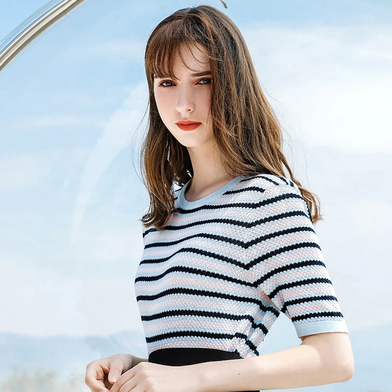 

AcFirst Summer Women Tops Casual Blue T-shirts Knitting Shirt O-Neck Short Striped Plus Size T Shirt Women Cotton Sexy Tees