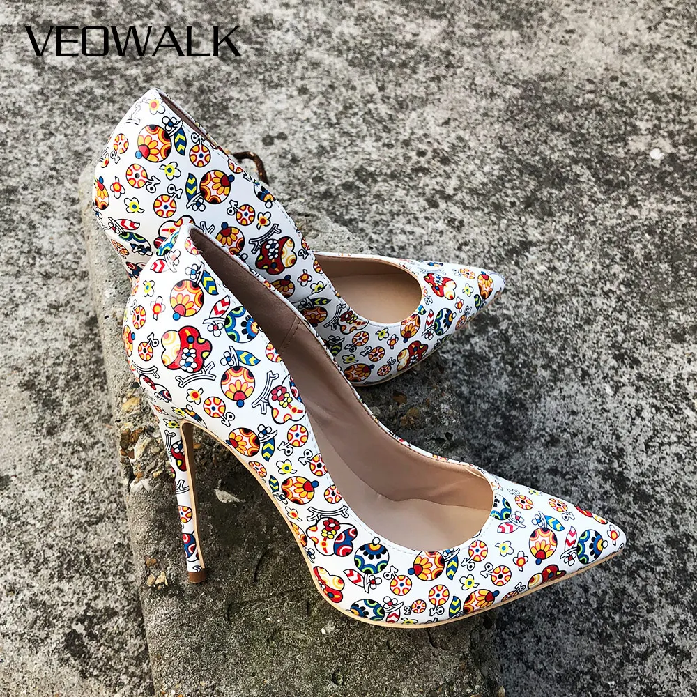 Veowalk White Artistic Graffiti Colorful Women Pumps Sexy Stiletto High