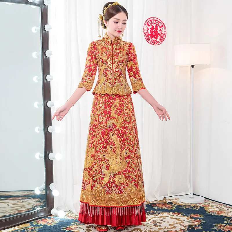 

Ancien Bride Wedding Party Cheongsam Vintage Women Marriage Suit Exquisite Rhinestone Qipao Straight Slim Dress Tang Set