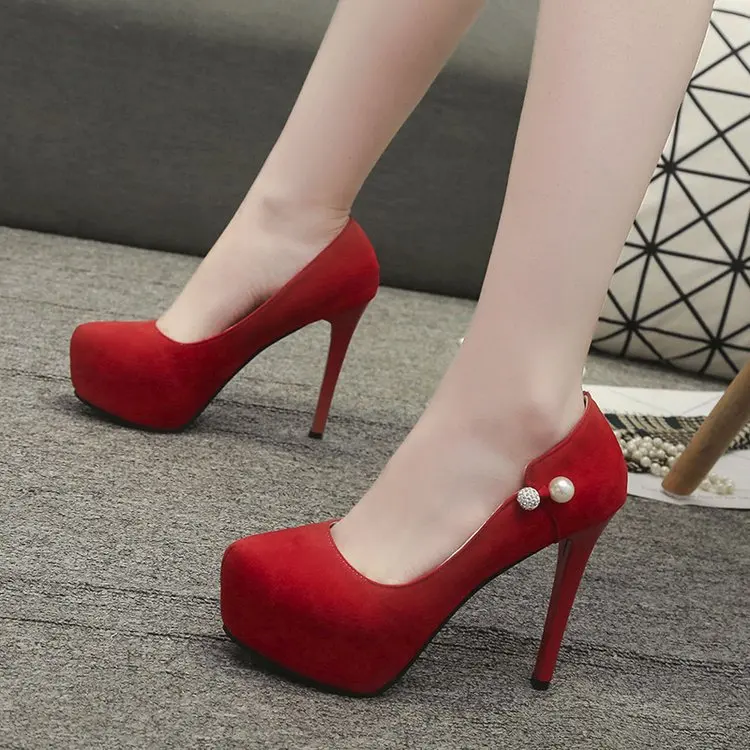 

Women Pumps Shoes Hate High 5cm Platform Frosted Round Toe Slip-On Pearl Thin 12.5cm High Heel Sexy Lady Club Party Female Shoes