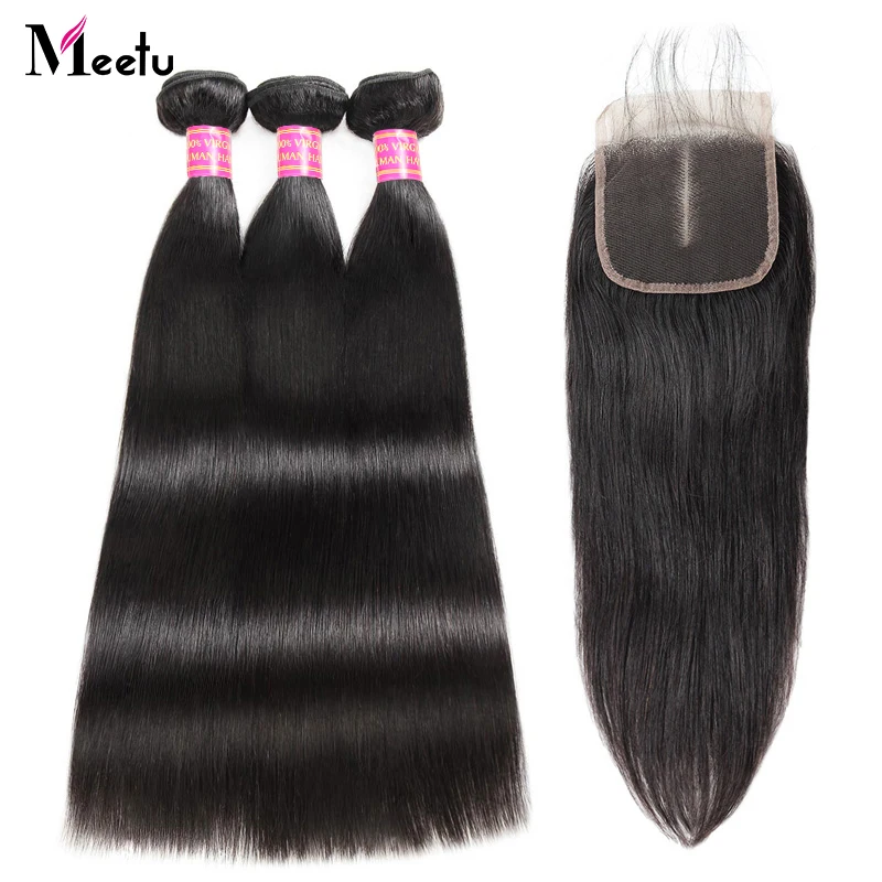 

Meetu Indian Straight Hair Bundles With Closure Human Hair Bundles with Closure Non Remy 3 Bundles With Closure 4x4 Lace Closure