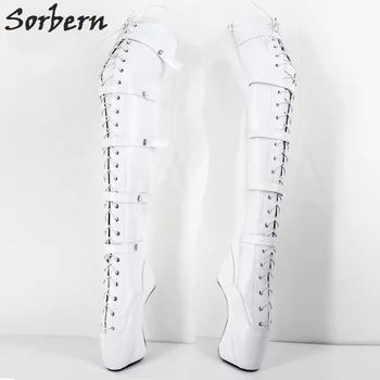 

Sorbern White 18CM Extreme High Heel Sexy Lace Up Buckles Hoof Heel Ballet Fashion Fetish Zip Over The Knee Woman Boots