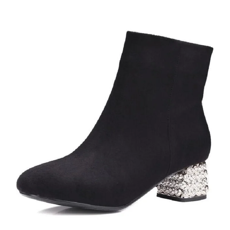 

Women Ankle Boots Fashion Ladies Martin Boots Black Grey High-Heeled Shoes For Woman Zip Thick Heels Vintage Flock Riding Boots