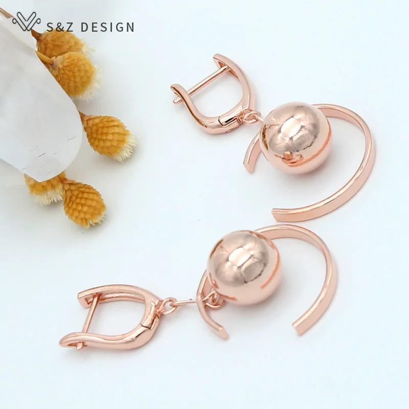 S&Z DESIGN New Fashion Hollow Spherical 585 Rose Gold Color Dangle Earrings For Women Wedding Fine Jewelry