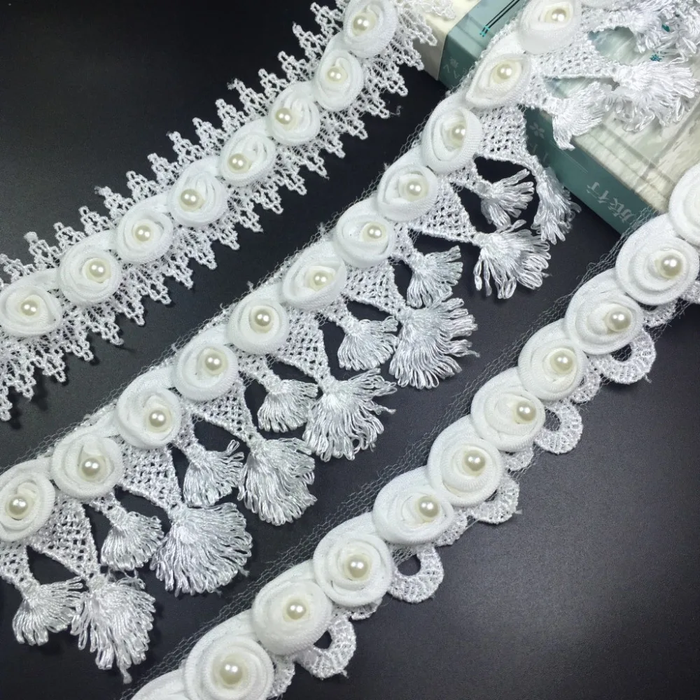 Fashion 15 yard / lot 3 style 3D Pearl Flower Embroidery Lace Applique