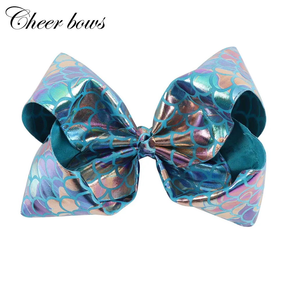 

8" Large Mermaid Hair Bows With Clips For Kids Girls Fish Scales Metallic Leather Bows Hairgrips Handmade Hair Accessories