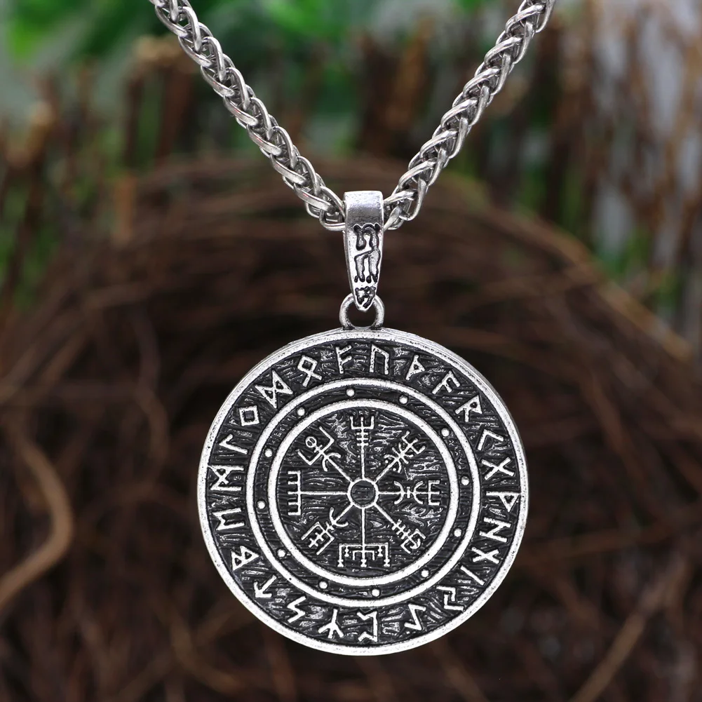 

Odin Symbol Runic Rune Amulet Vegvisir Compass Nordic Talisman Pendant Necklace Double Side with Gift Bag