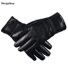 Harppihop мужские перчатки из натуральной кожи, настоящая овчина, черные перчатки без сенсорного экрана, модные брендовые зимние теплые варежки, новинка, G1005 Harppihop мужские перчатки из натуральной кожи, настоящая овчина, черные перчатки без сенсорного экрана, модные брендовые зимние теплые варежки, новинка, G1005