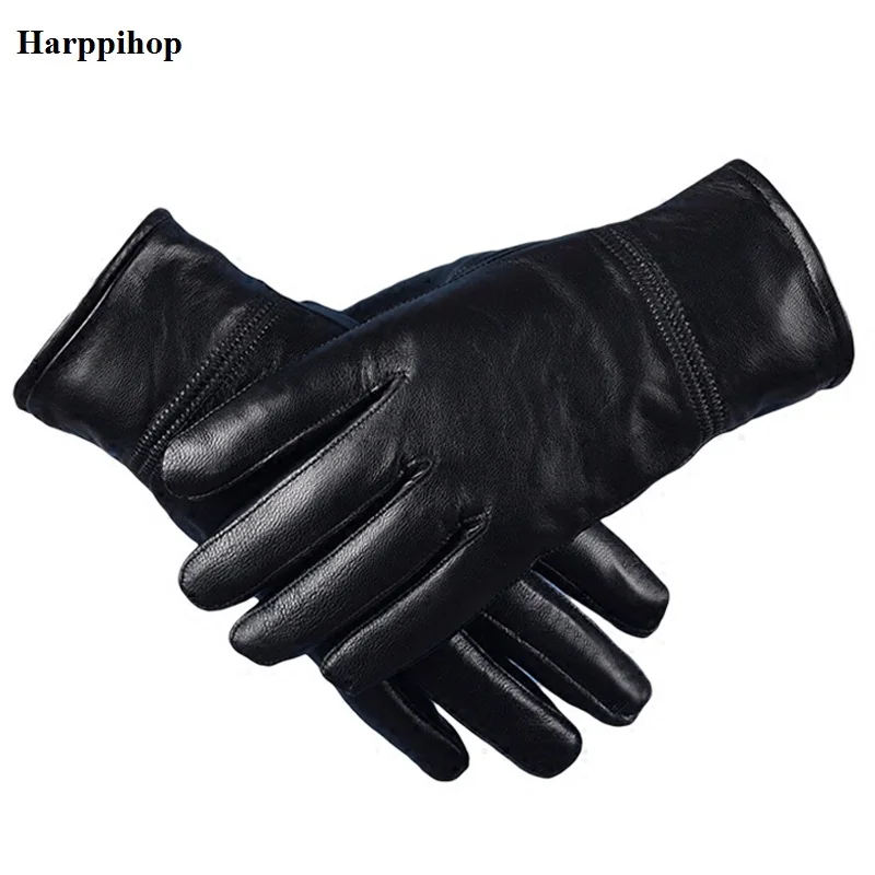 

Harppihop Men's Genuine Leather Gloves Real Sheepskin Black no Touch Screen Gloves Fashion Brand Winter Warm Mittens New G1005