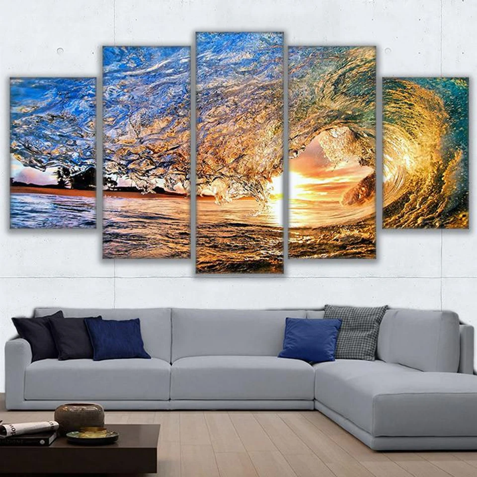 

Canvas Pictures Living Room Decor HD Prints Framework 5 Pieces Wave Tunnel Posters Wall Art Sunset Sea Wave Seascape Printings