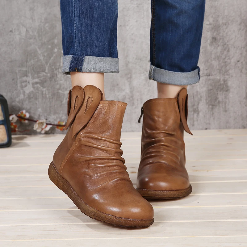 

VALLU 2018 Handmade Shoes Women Flat Boots Genuine Leather Pleated Round Toes Vintage Women Ankle Boots