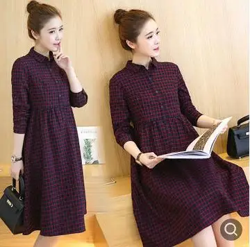 High Waist Plaid Maternity Clothes 2019 Spring Autumn Turn-down Collar Literary Long Pregnancy Dress for Pregnant Women QL6925