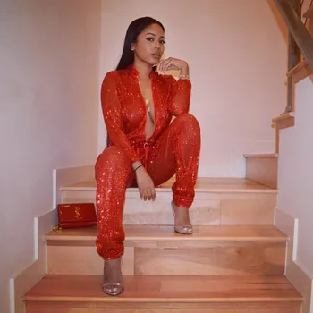 

Womens Sexy Fashion Long Sleeve Jumpsuit Party Nightclub Sequin Shining Skinny Overalls Perspective Playsuit