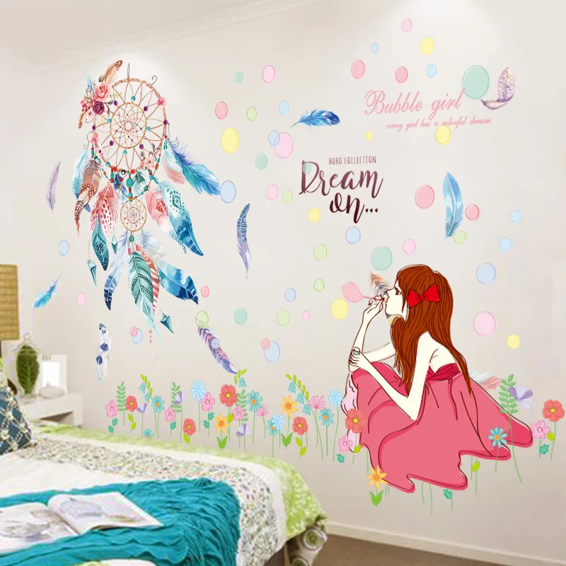 

[SHIJUEHEZI] Colorful Dreamcatcher Feathers Wall Stickers PVC Material DIY Girl Wall Art for Kids Rooms Baby Bedroom Decoration