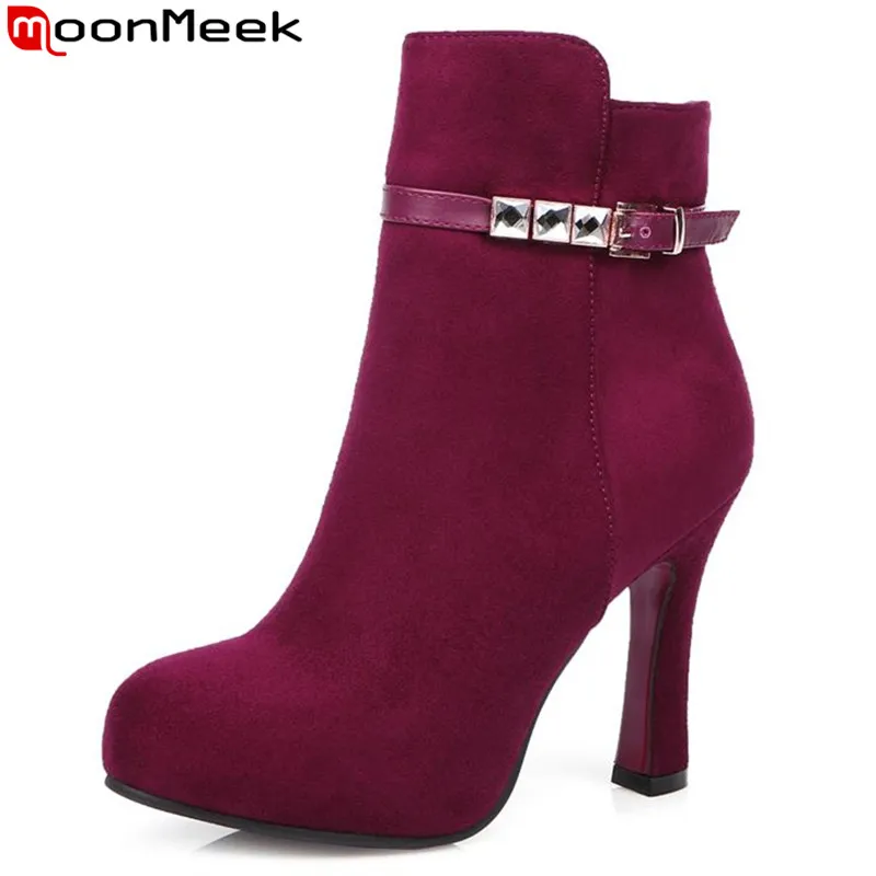 

MoonMeek women ankle boots flock leather zipper high thin heels autumn solid charm platform elegant wedding party boots