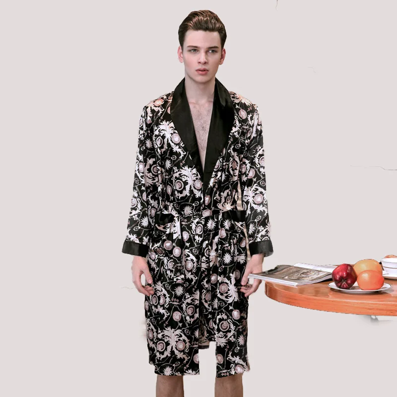

2018 Men Autumn Plus Pajamas Male long-sleeved Leisurewear High Faux Silk long robe Men's Lounge Bath Robe WP777