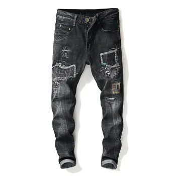 

2019 New Jeans Men Hole Embroidery Patchwork Jean High Quality Straight Leg Male Casual Pants Black Cotton Ripped Denim Trousers
