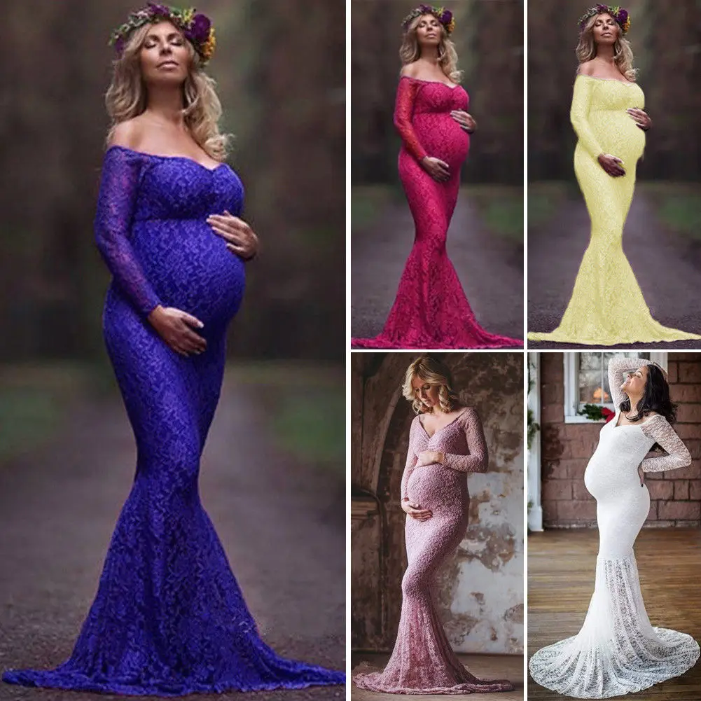 

2018 Brand New Pregnant Women Maxi Dress Lace Gown Maternity Long Sleeve Maternity Photo Props Off Shoulder Sexy Maternity Dress