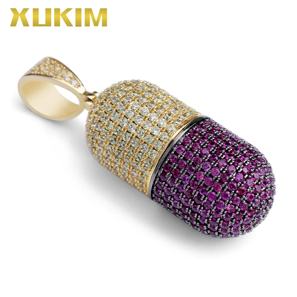 

Xukim Jewelry Gold Color Fashion Pill Pendant Can Open Capsules Pendant Full Iced Out Detachable Hip Hop Jewelry Gift Party