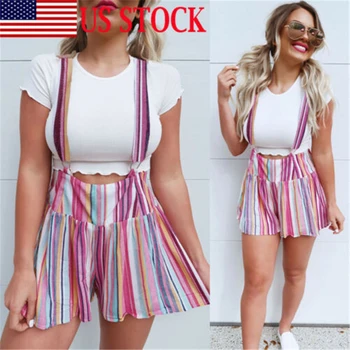 

2019 USA Women Summer Shorts Striped Shorts Suspender Trousers High Waist Short