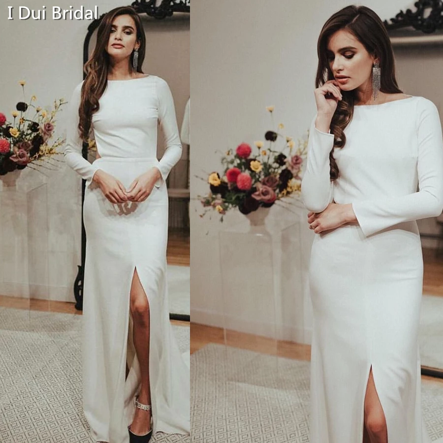 

Spandex Satin Wedding Dress Long Sleeve Pure Bridal Gown High Quality