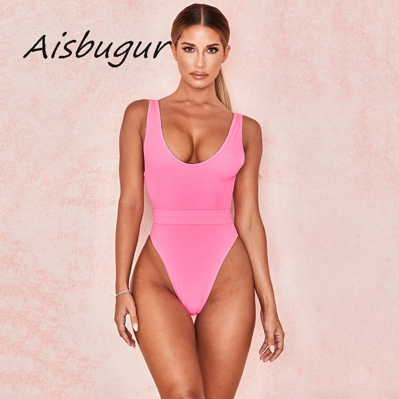 

Women Summer Swimsuit Bandage Bodysuits 2019 New Arrival Sexy Pink Low Scoop One Piece Bandage Bodysuit Solid Swimming Swimwear