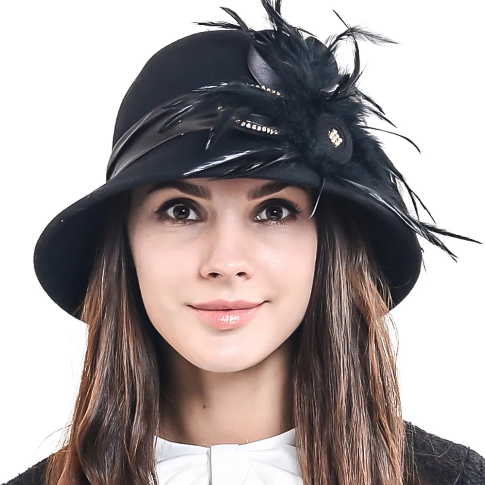 HISSHE Womens Wool Fedora Hat Female Elegant Plumy Felt Bucket Winter