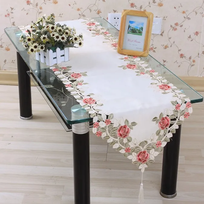 

vezon Sale 40*200cm Elegant Polyester Floral Table Runner Embroidery Tablecloth Embroidered Table Cloth Linen Cover Cutwork