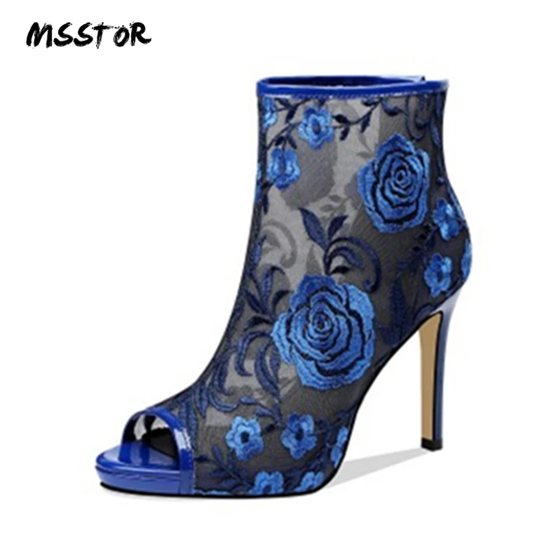 

MSSTOR Peep Toe Embroider Zipper Thin Heels Mesh Fashion Sexy Shoes Women 2019 Black Summer Ankle Boots Women Casual Rubber