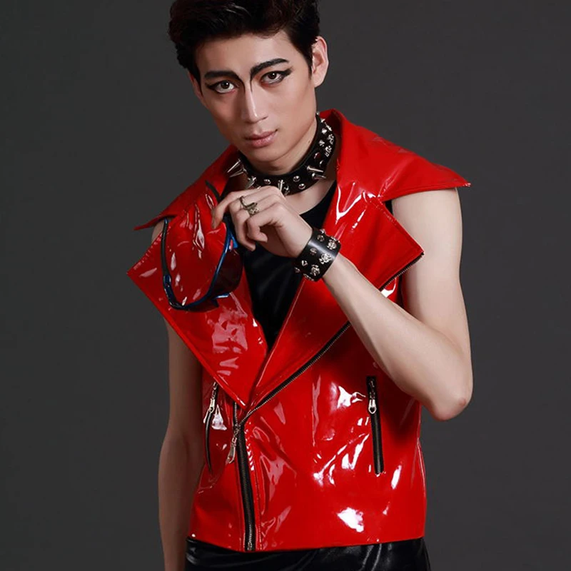 

Nightclub Male Singer Leather Vest Bar Hip Hop Jazz Dance Performance Clothing Men'S PU Zipper Coat Rock Stage Outfit DWY1678