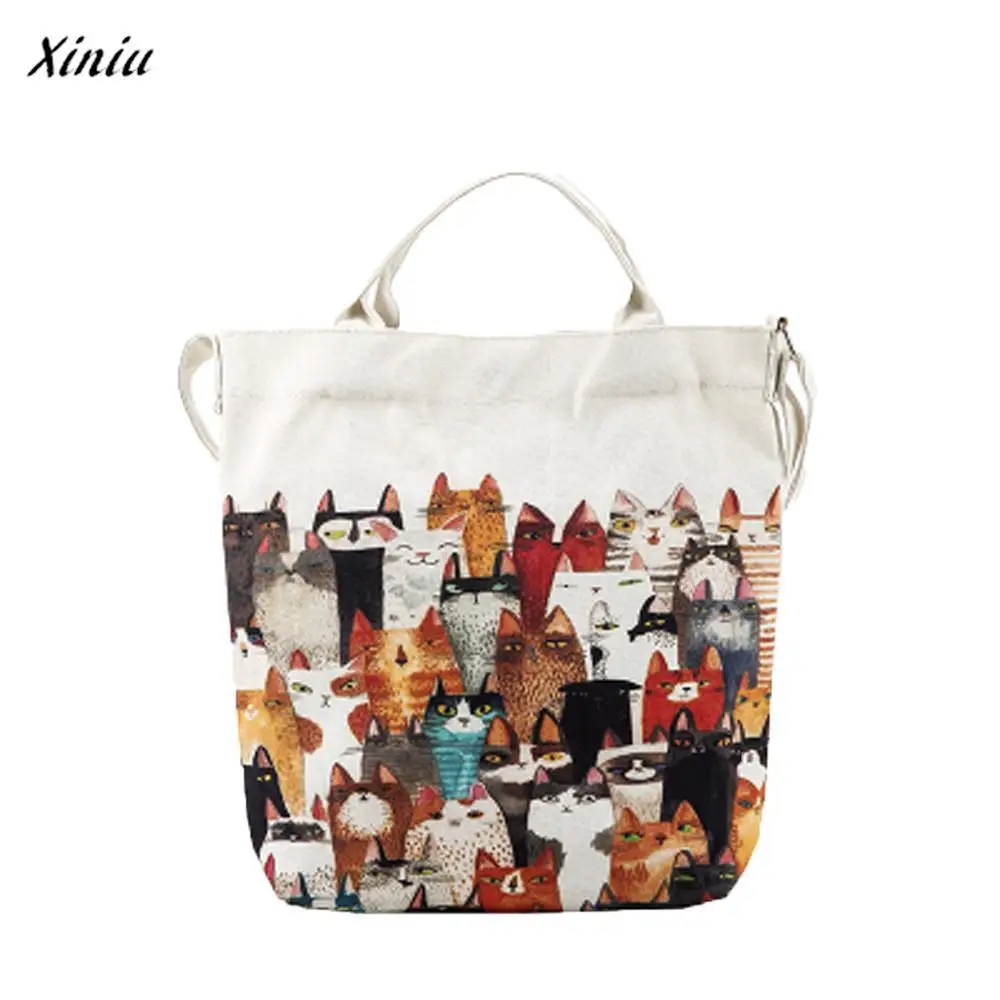 

xiniu Cartoonxiniu Cats Printed Beach Bag Canvas Tote Shopping Femme Cluthes bags for women 2018 bolsa feminina
