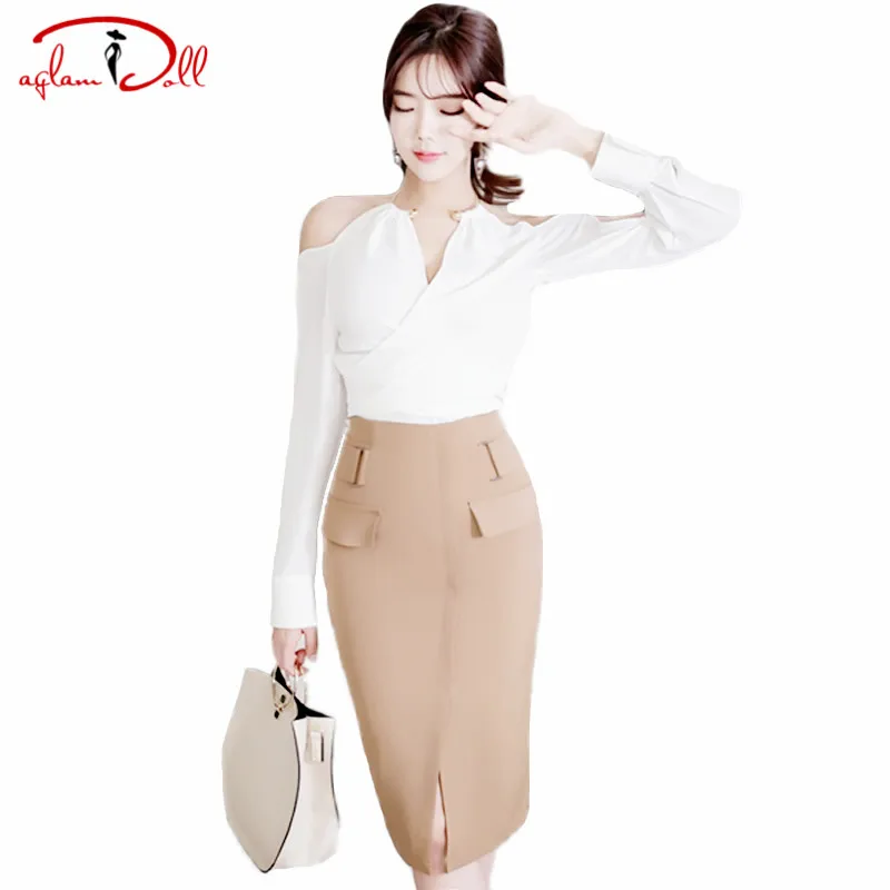 Image 2 Pieces Sexy Work Dress Office Cloth Off Shoulder White Full Sleeve Top Khaki Bodycon Pencil Skirt Suit Dresses For Women