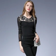 Женские универсальные базовые Топы футболки осенние Кружевные Черные сетчатые Большие размеры длинный рукав эластичный цветок Emboridery сексуальные топы рубашка