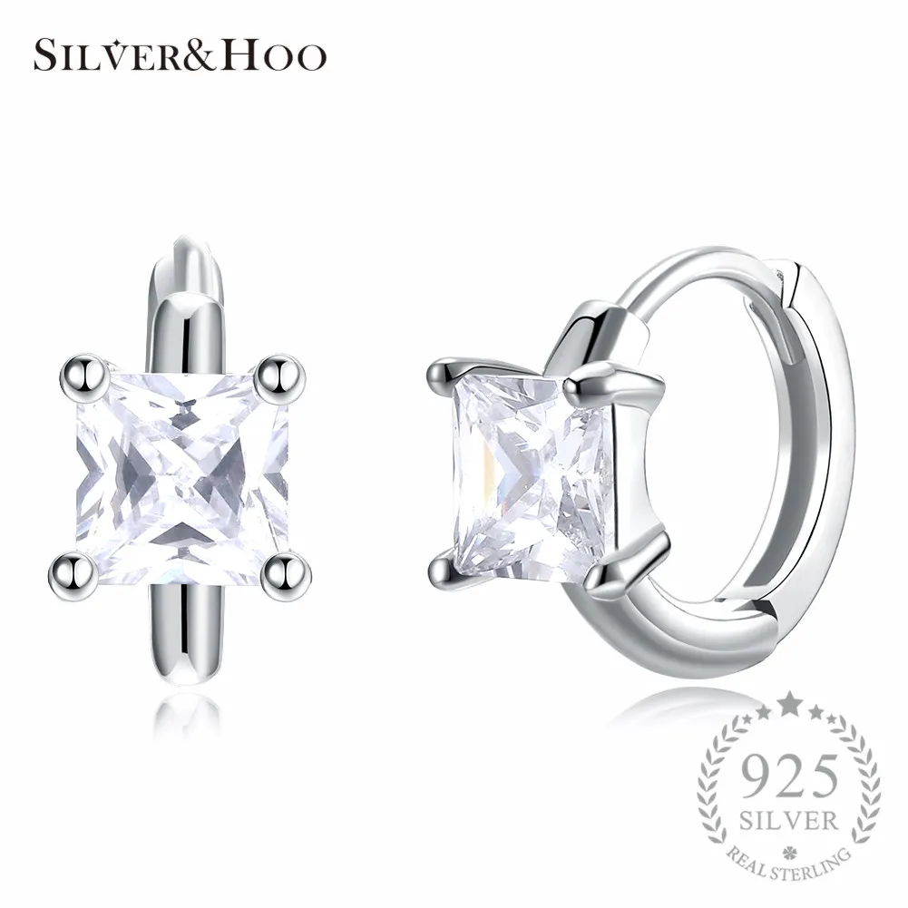 

SILVERHOO Authentic 925 Sterling Silver Square Zircon Hoop Earrings for Women Girls Gift Fine Jewelry High Quality 2018 Hot Sell