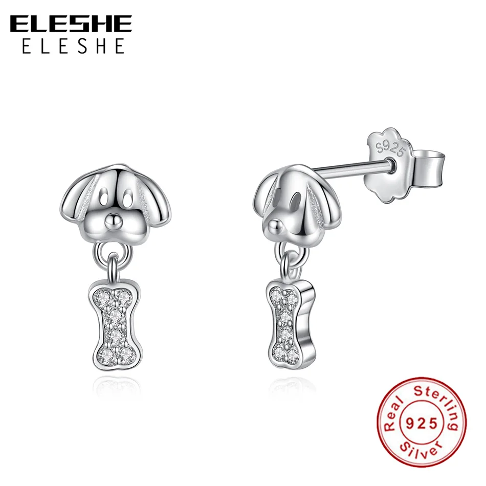 ELESHE, новинка, 925 пробы, серебряные серьги с собаками, кристалл, кубический цирконий, собачья кость, серьги-гвоздики для женщин, девушек, модное ювелирное изделие
